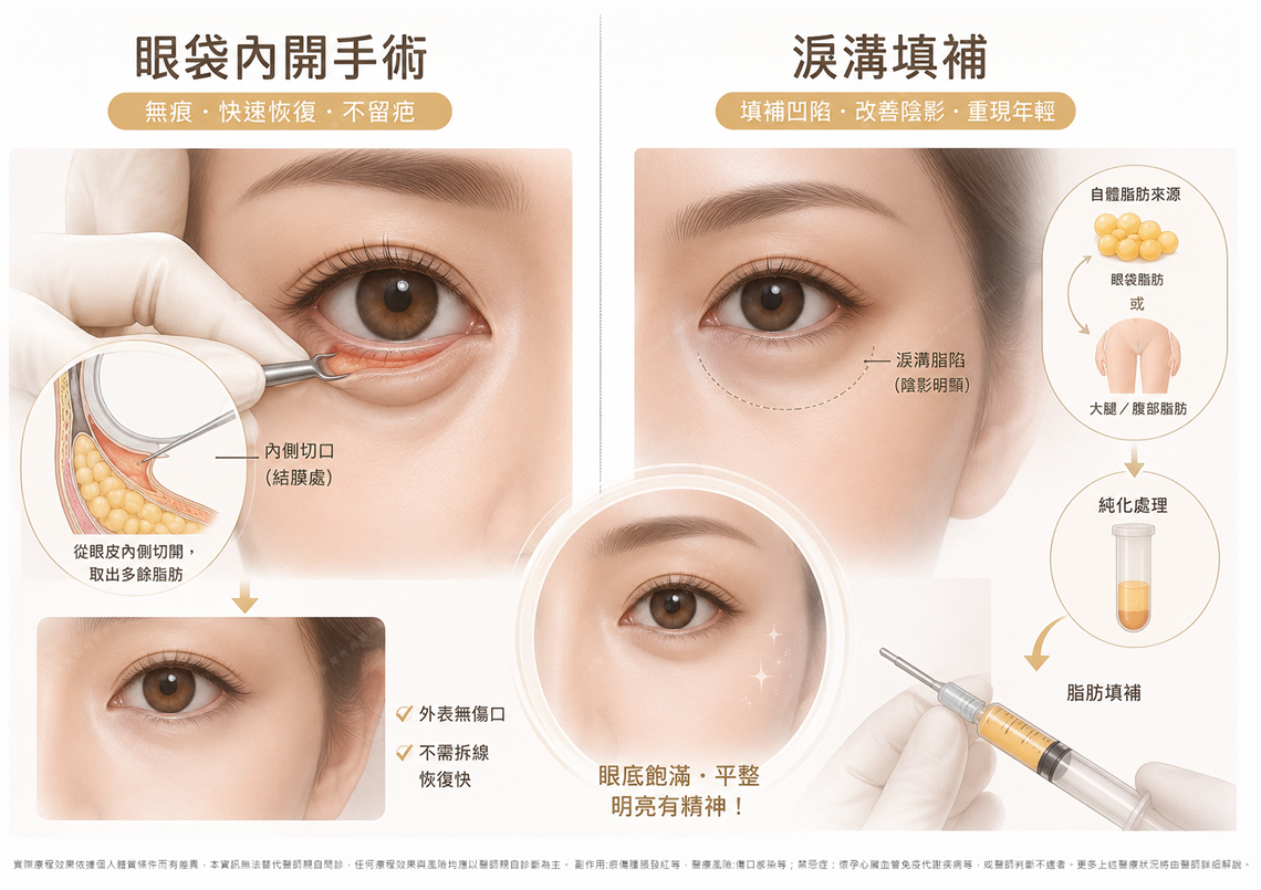 眼袋內開手術與自體脂肪淚溝填補原理示意圖